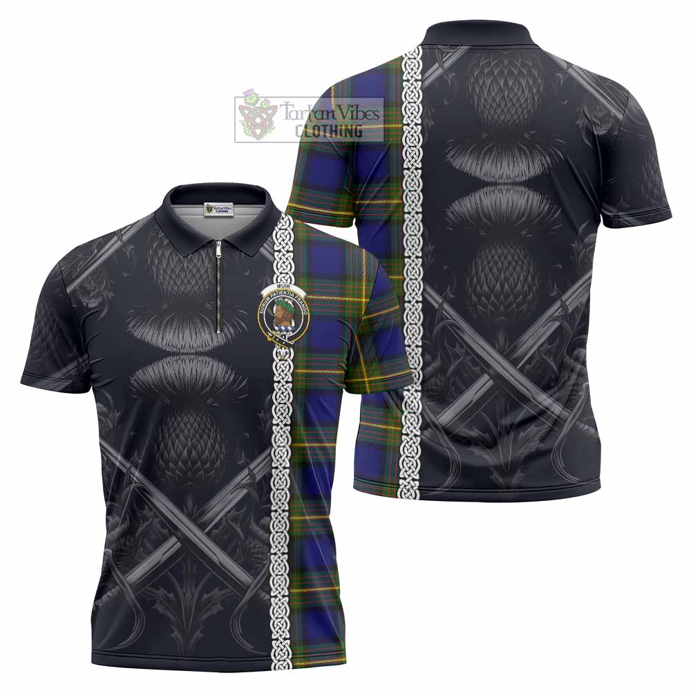 Tartan Vibes Clothing Muir Tartan Zipper Polo Shirt with Family Crest Cross Sword Thistle Celtic Vibes