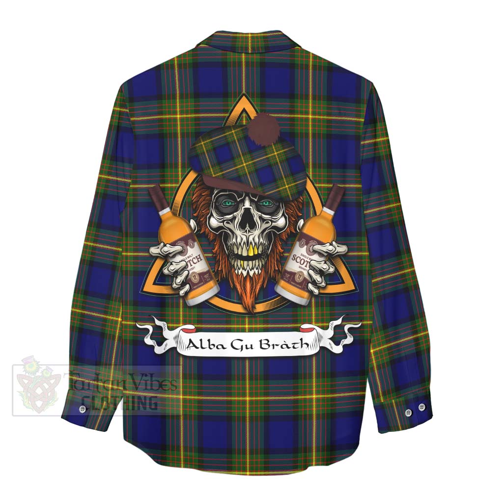 Tartan Vibes Clothing Muir Tartan Women's Casual Shirt with Family Crest and Bearded Skull Holding Bottles of Whiskey