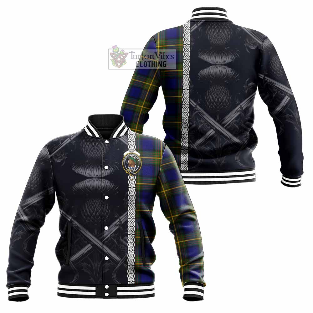 Tartan Vibes Clothing Muir Tartan Baseball Jacket with Family Crest Cross Sword Thistle Celtic Vibes