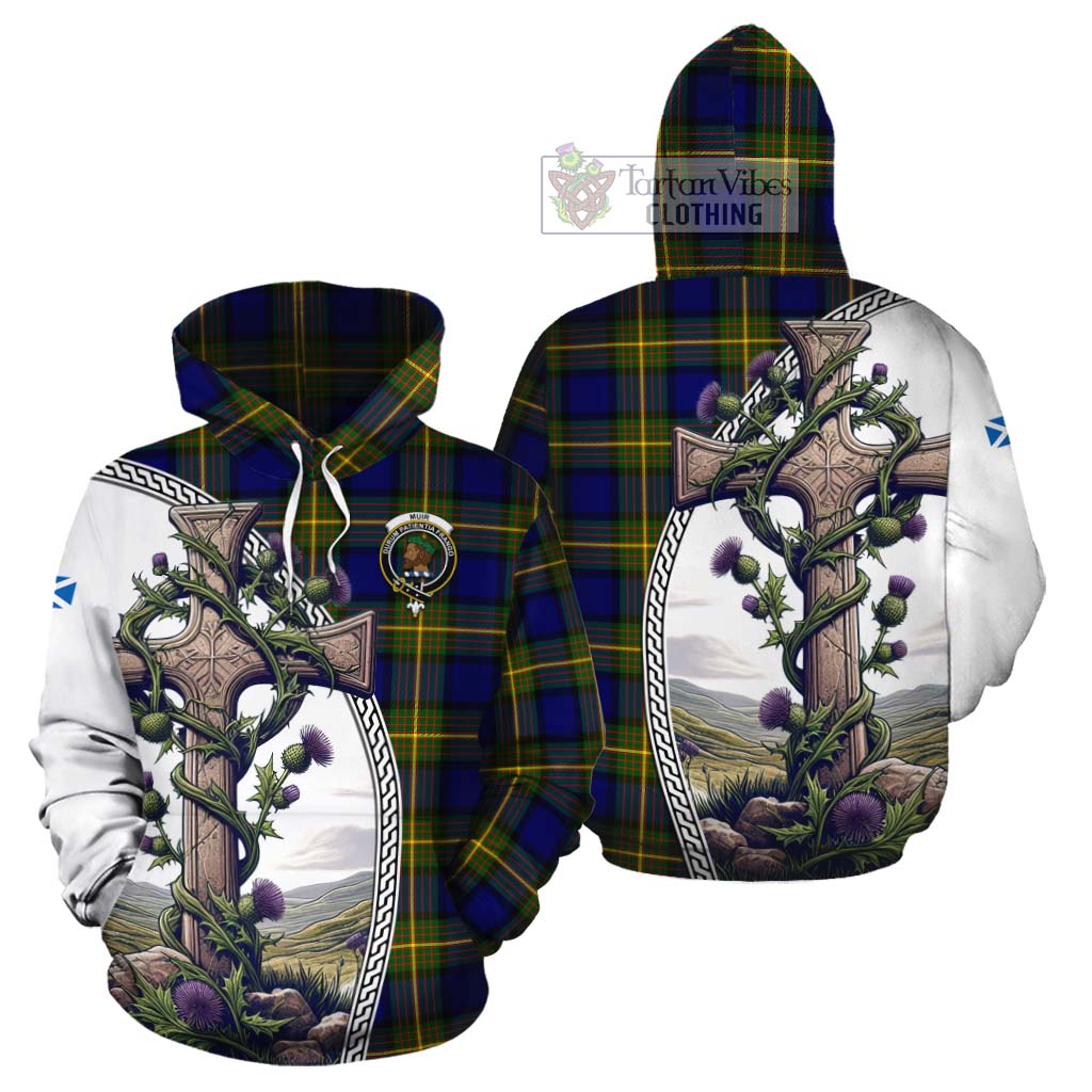 Tartan Vibes Clothing Muir Tartan Cotton Hoodie with Family Crest and St. Andrew's Cross Accented by Thistle Vines