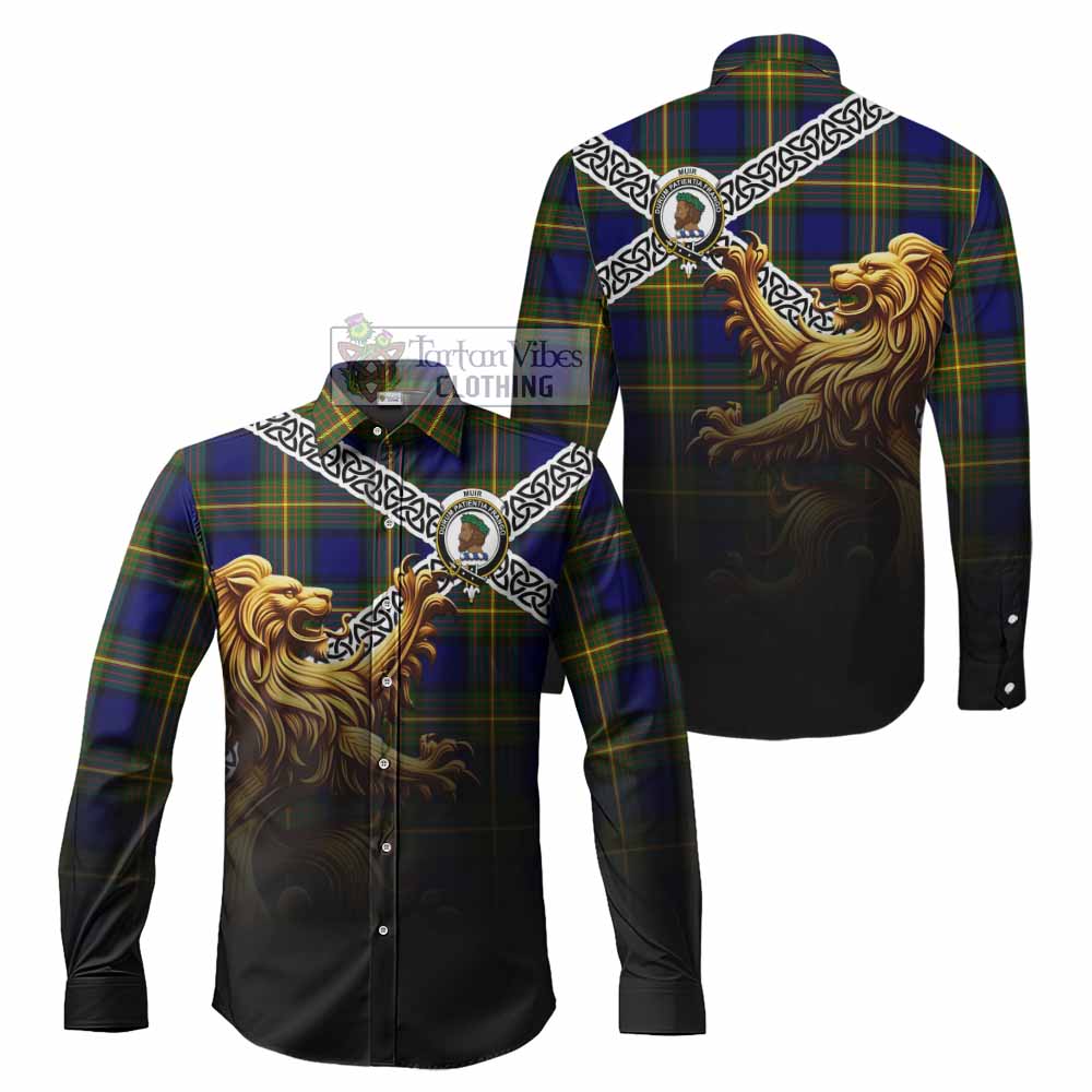 Tartan Vibes Clothing Muir Crest Tartan Long Sleeve Button Shirt with Golden Lion Emblem Celtic Style