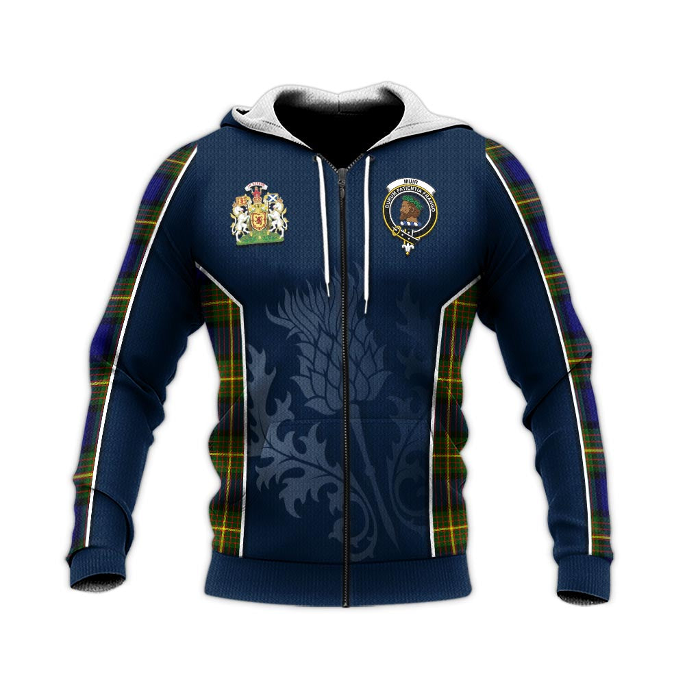 Tartan Vibes Clothing Muir Tartan Knitted Hoodie with Family Crest and Scottish Thistle Vibes Sport Style