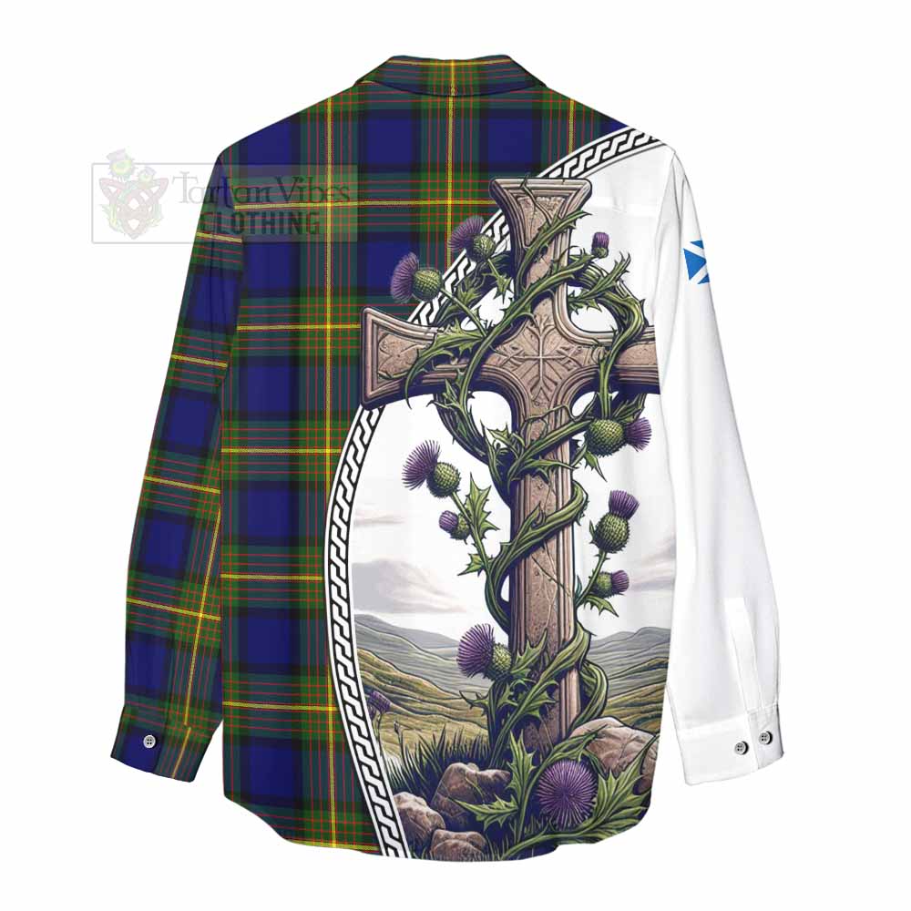 Tartan Vibes Clothing Muir Tartan Women's Casual Shirt with Family Crest and St. Andrew's Cross Accented by Thistle Vines
