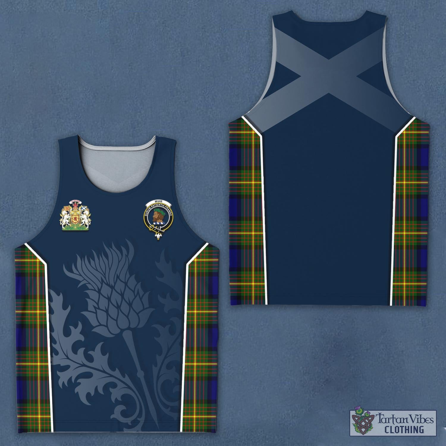 Tartan Vibes Clothing Muir Tartan Men's Tanks Top with Family Crest and Scottish Thistle Vibes Sport Style