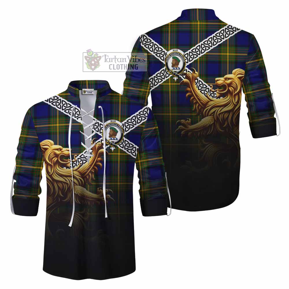 Tartan Vibes Clothing Muir Crest Tartan Ghillie Kilt Shirt with Golden Lion Emblem Celtic Style