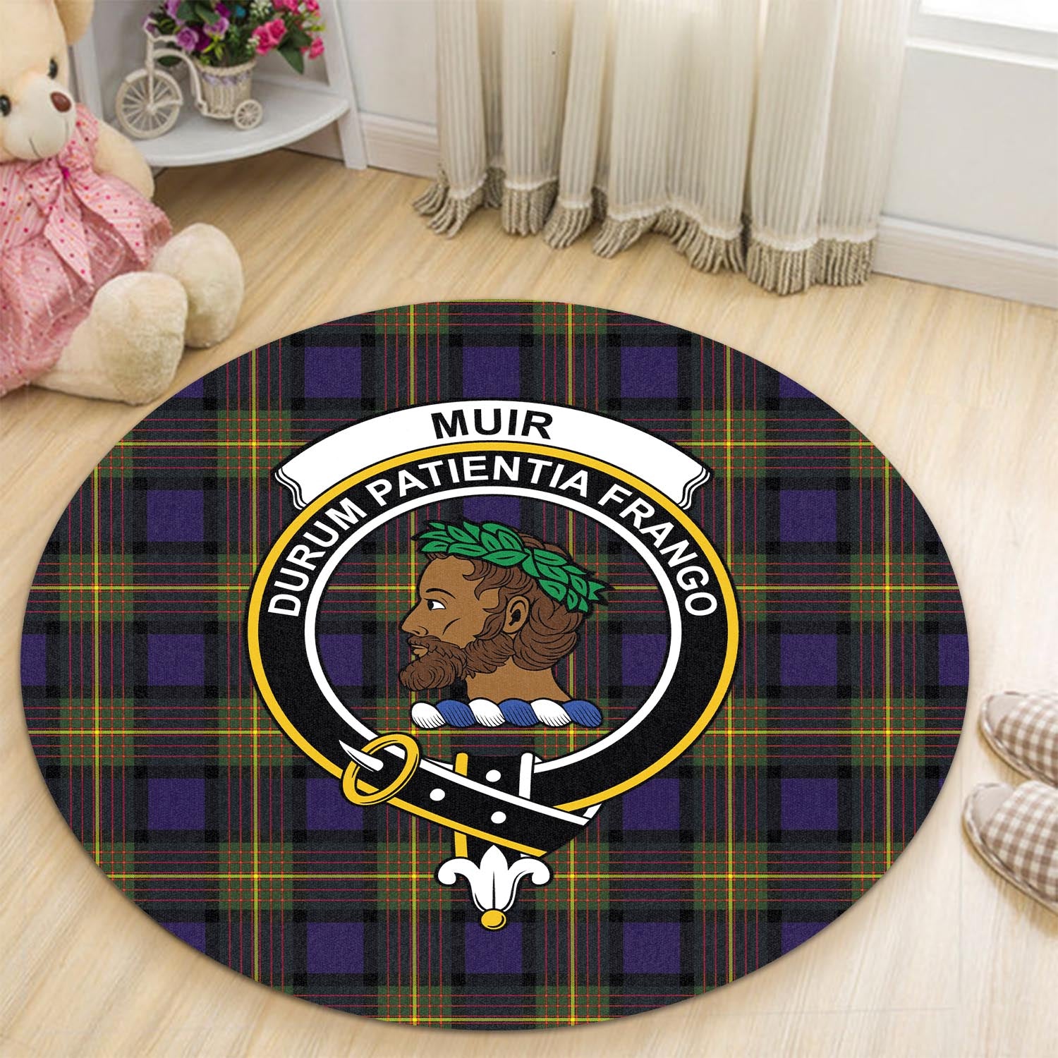muir-tartan-round-rug-with-family-crest