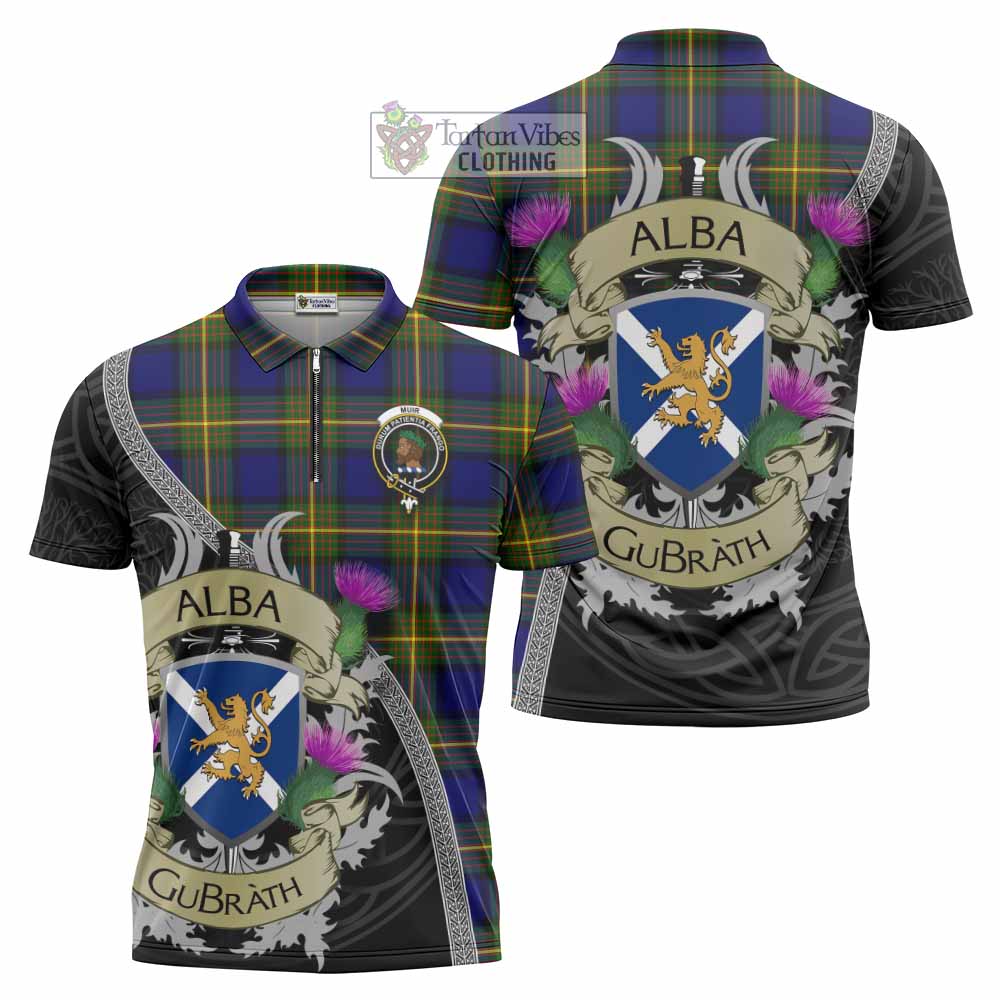 Tartan Vibes Clothing Muir Tartan Family Crest Zipper Polo Shirt Lion Rampant Royal Thistle Shield Celtic Inspired