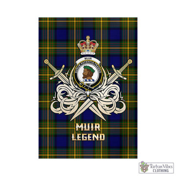 Muir Tartan Garden Flag with Clan Crest and the Golden Sword of Courageous Legacy