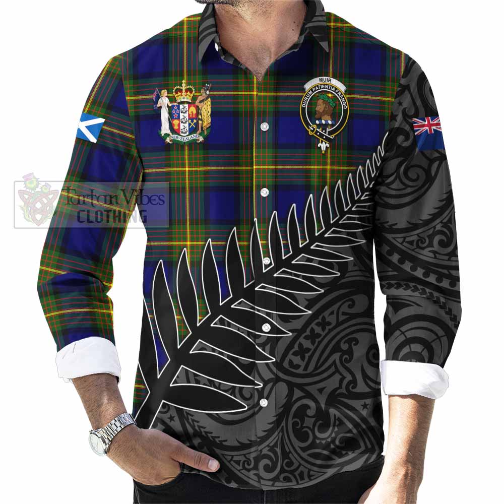 Muir Crest Tartan Long Sleeve Button Shirt with New Zealand Silver Fern Half Style - Tartan Vibes Clothing