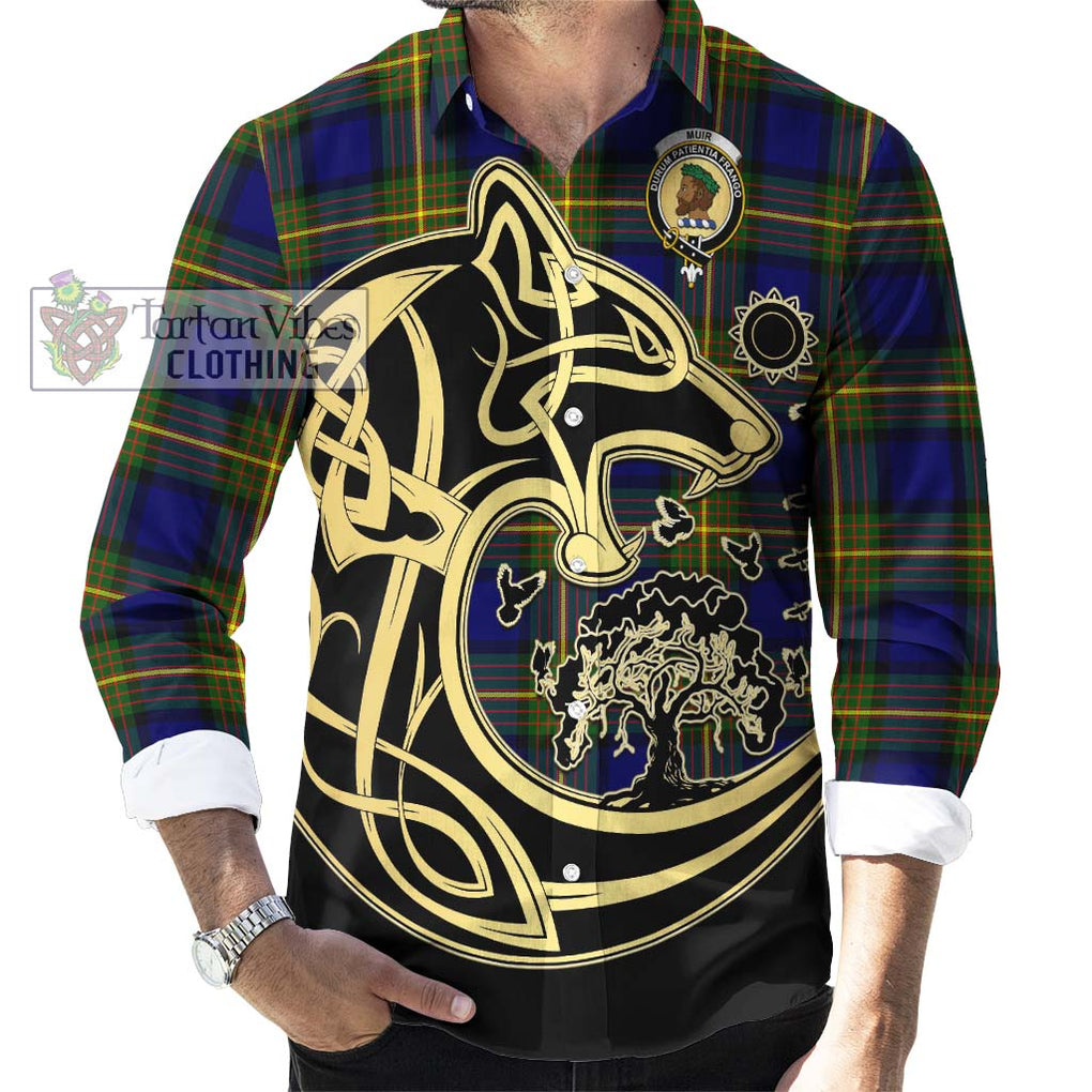 Muir Tartan Long Sleeve Button Shirt with Family Crest Celtic Wolf Style - Tartan Vibes Clothing