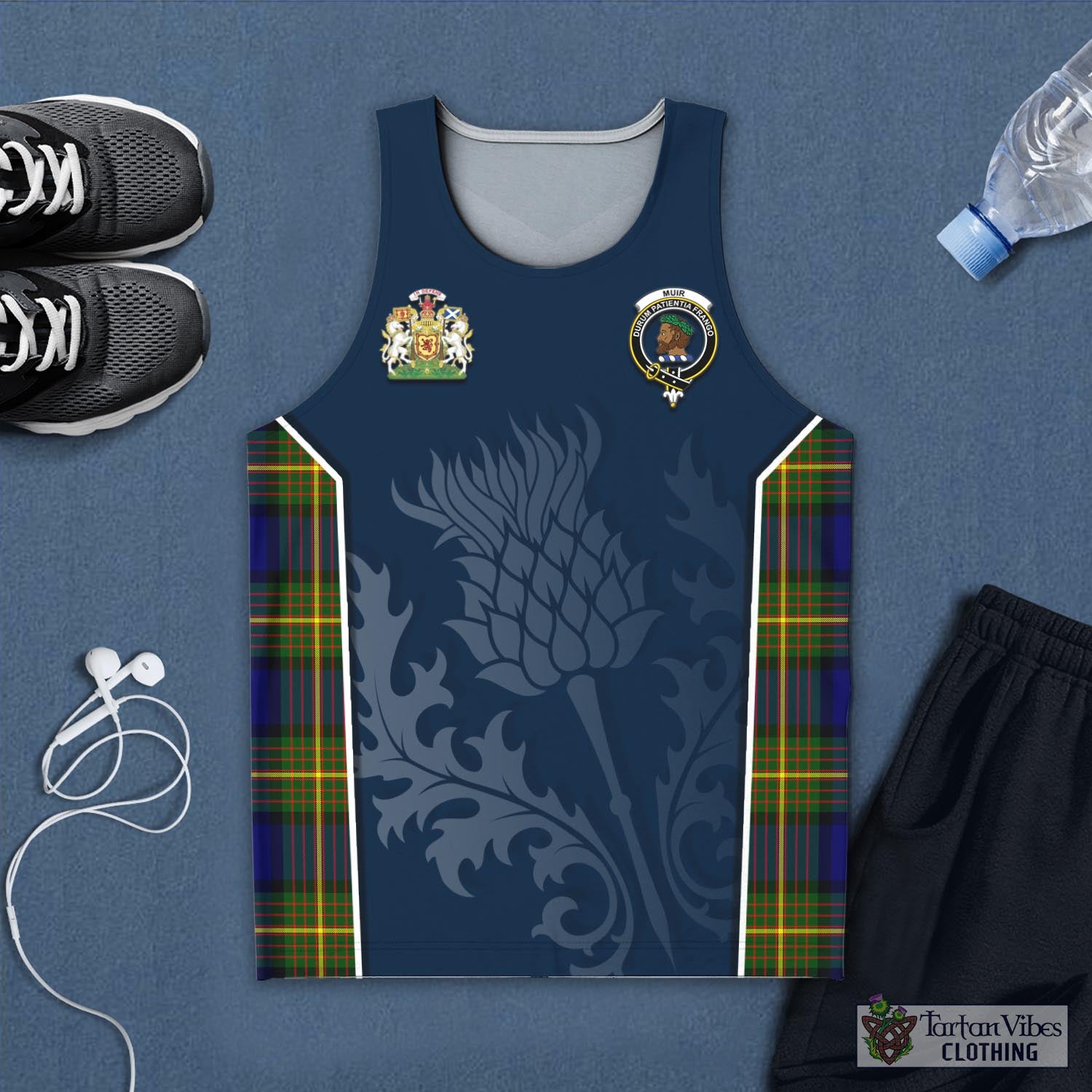Tartan Vibes Clothing Muir Tartan Men's Tanks Top with Family Crest and Scottish Thistle Vibes Sport Style