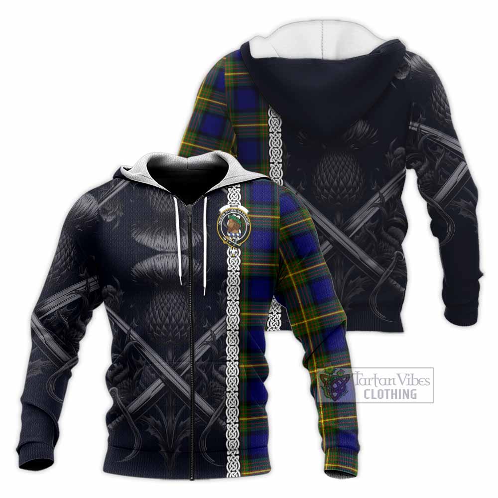 Tartan Vibes Clothing Muir Tartan Knitted Hoodie with Family Crest Cross Sword Thistle Celtic Vibes