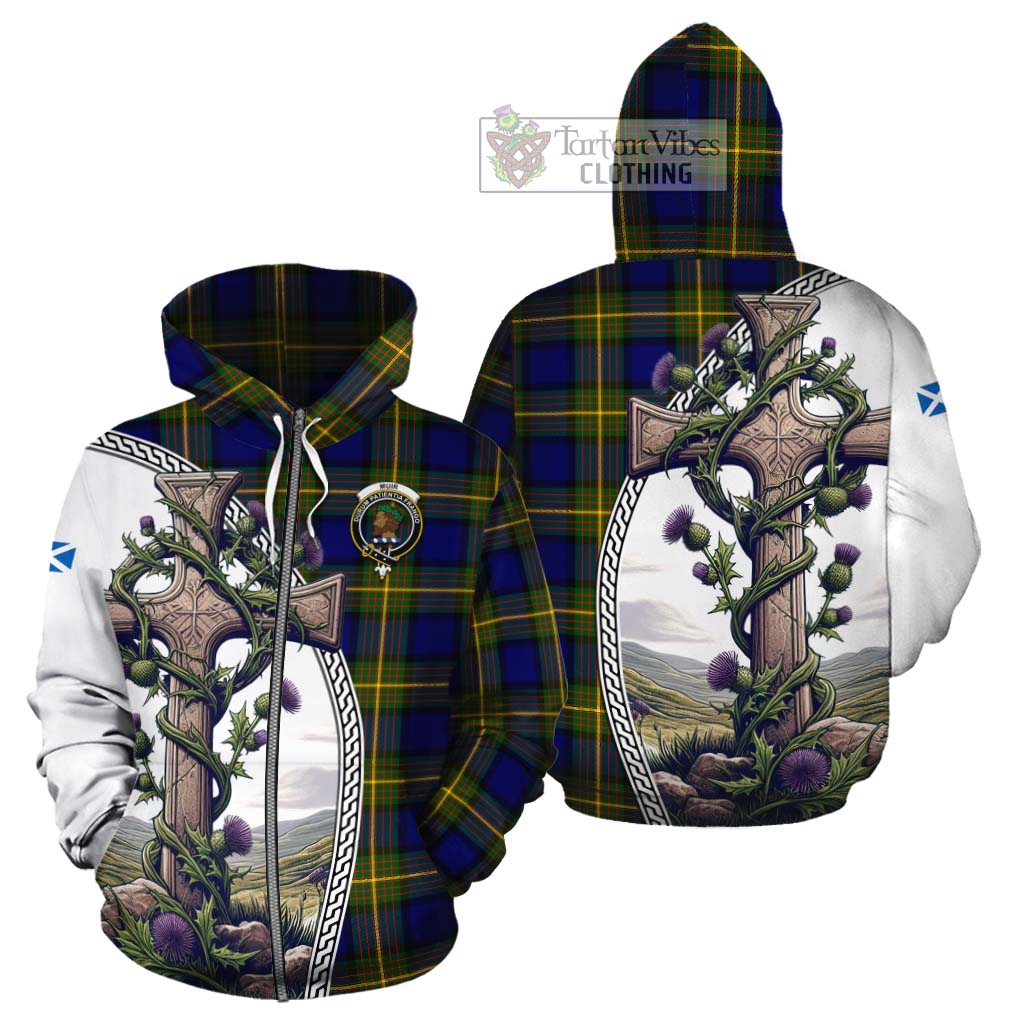 Tartan Vibes Clothing Muir Tartan Cotton Hoodie with Family Crest and St. Andrew's Cross Accented by Thistle Vines