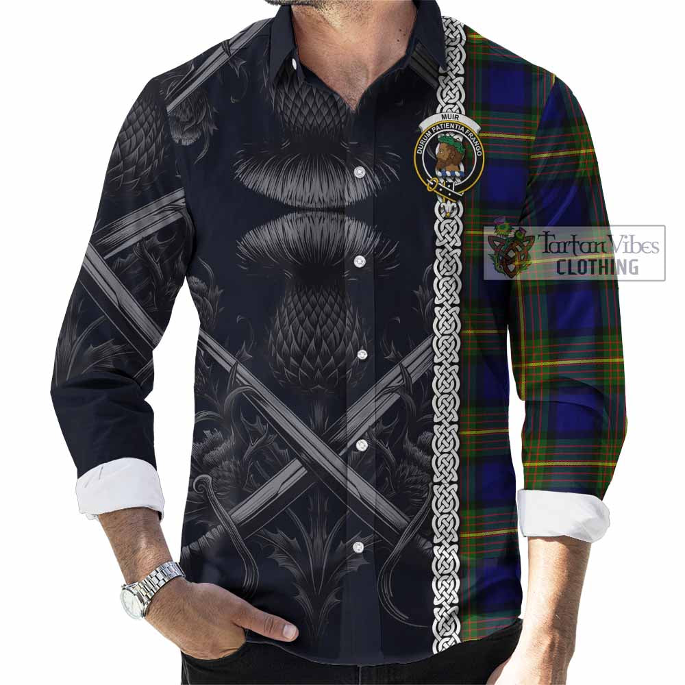 Tartan Vibes Clothing Muir Tartan Long Sleeve Button Shirt with Family Crest Cross Sword Thistle Celtic Vibes