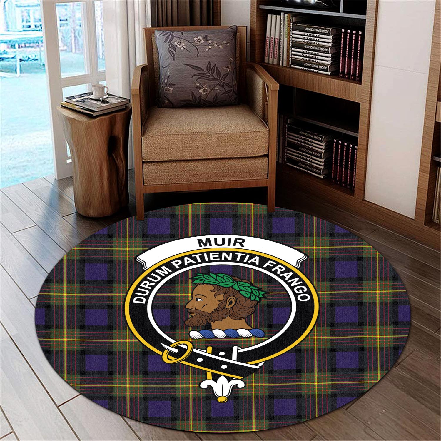 muir-tartan-round-rug-with-family-crest