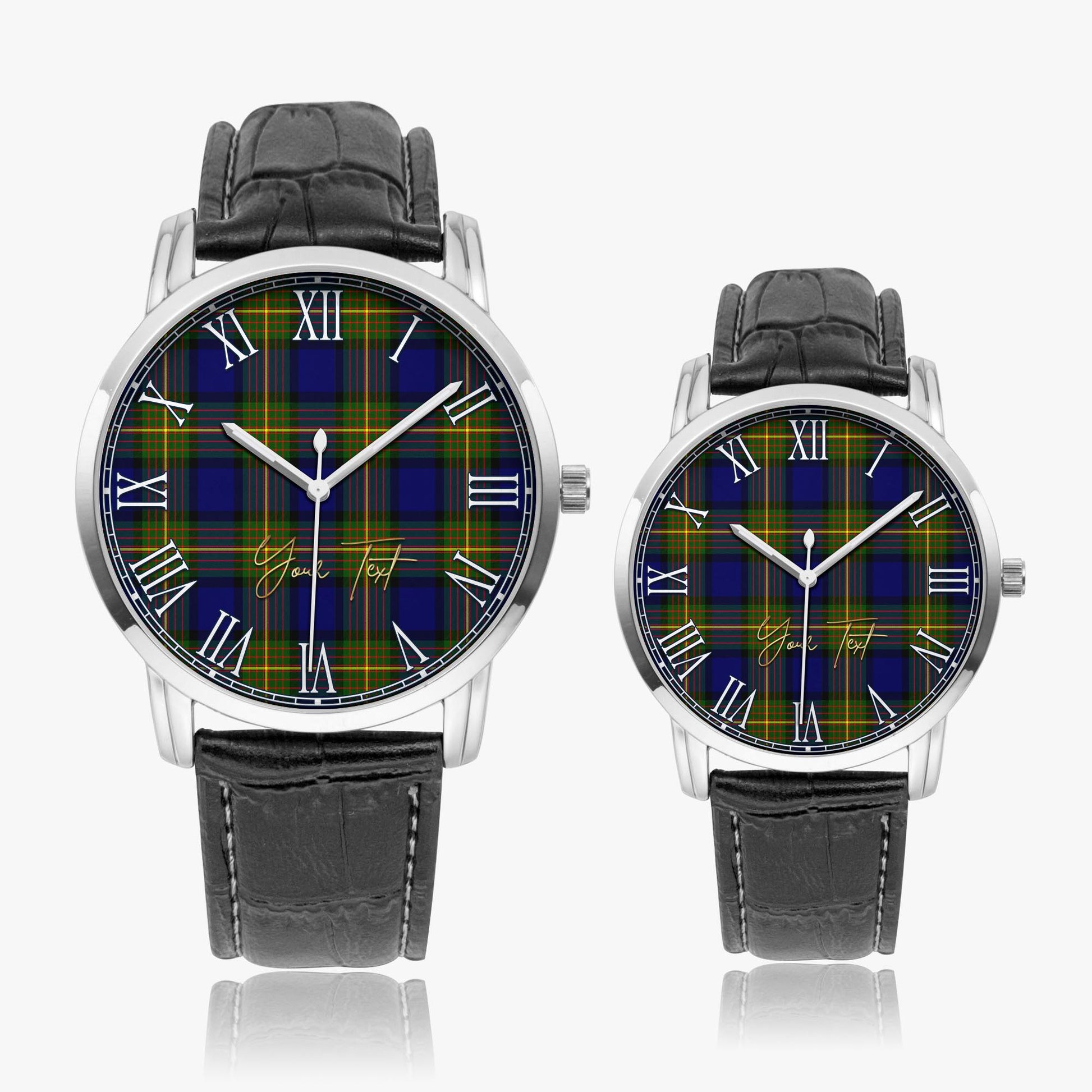Muir Tartan Personalized Your Text Leather Trap Quartz Watch Wide Type Silver Case With Black Leather Strap - Tartanvibesclothing