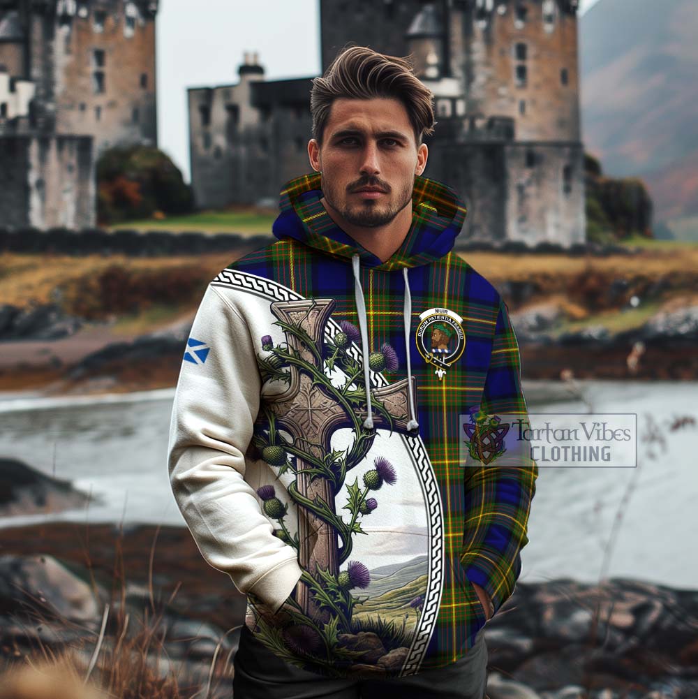 Tartan Vibes Clothing Muir Tartan Cotton Hoodie with Family Crest and St. Andrew's Cross Accented by Thistle Vines