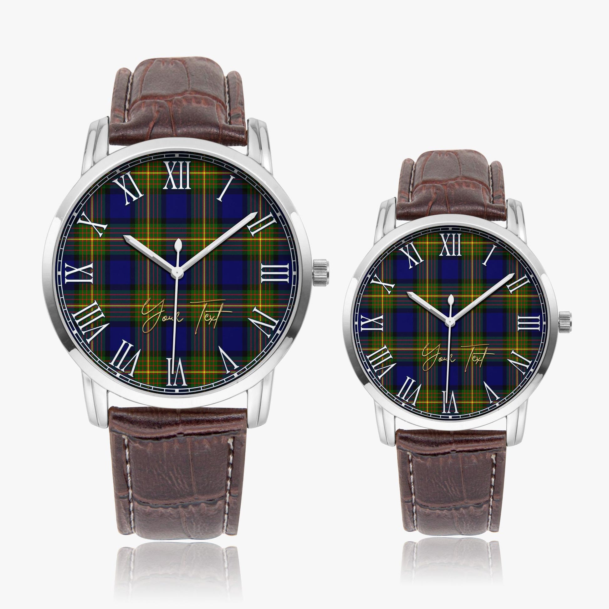 Muir Tartan Personalized Your Text Leather Trap Quartz Watch Wide Type Silver Case With Brown Leather Strap - Tartanvibesclothing