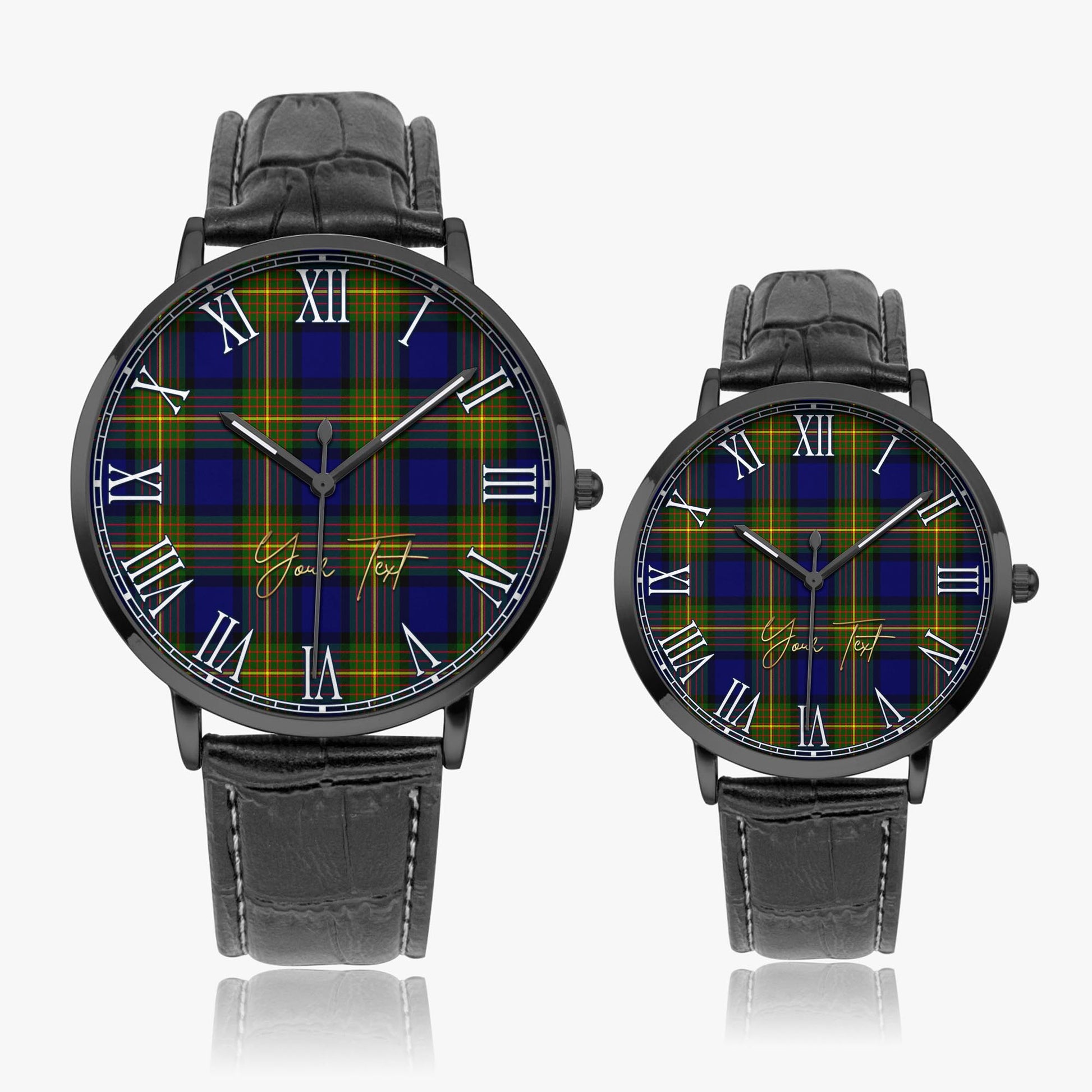 Muir Tartan Personalized Your Text Leather Trap Quartz Watch Ultra Thin Black Case With Black Leather Strap - Tartanvibesclothing