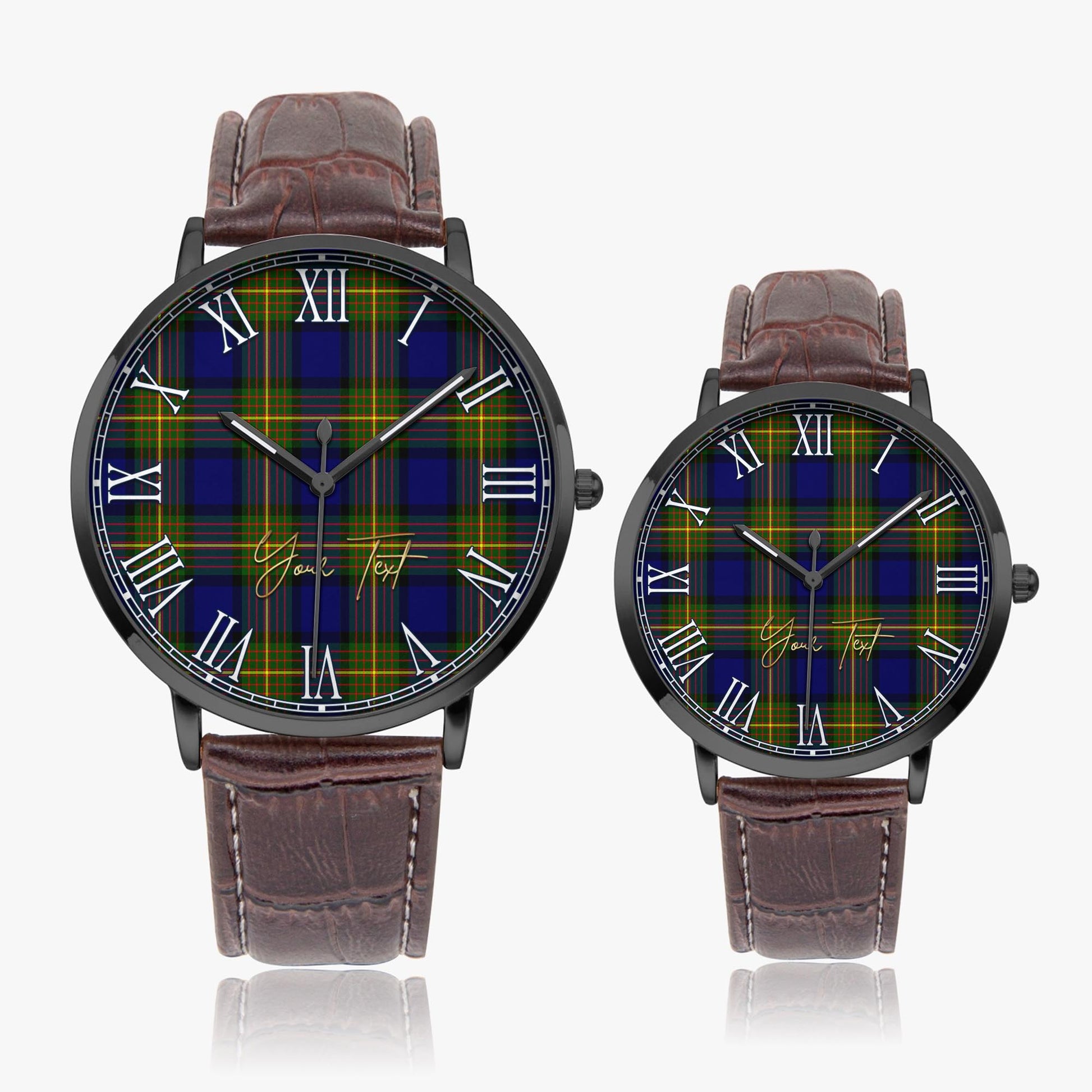 Muir Tartan Personalized Your Text Leather Trap Quartz Watch Ultra Thin Black Case With Brown Leather Strap - Tartanvibesclothing