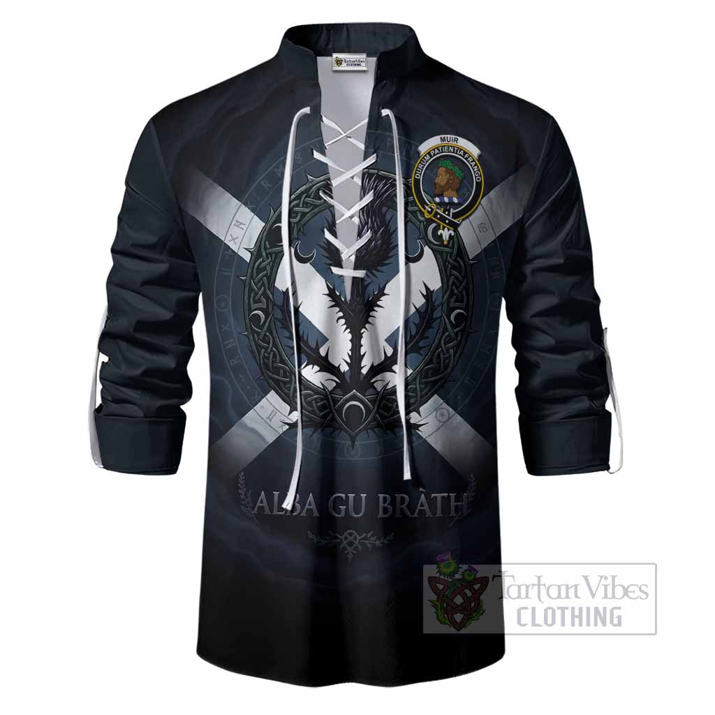 Muir Clan Crest Ghillie Shirt with Celtic Knot Thistle and Saltire