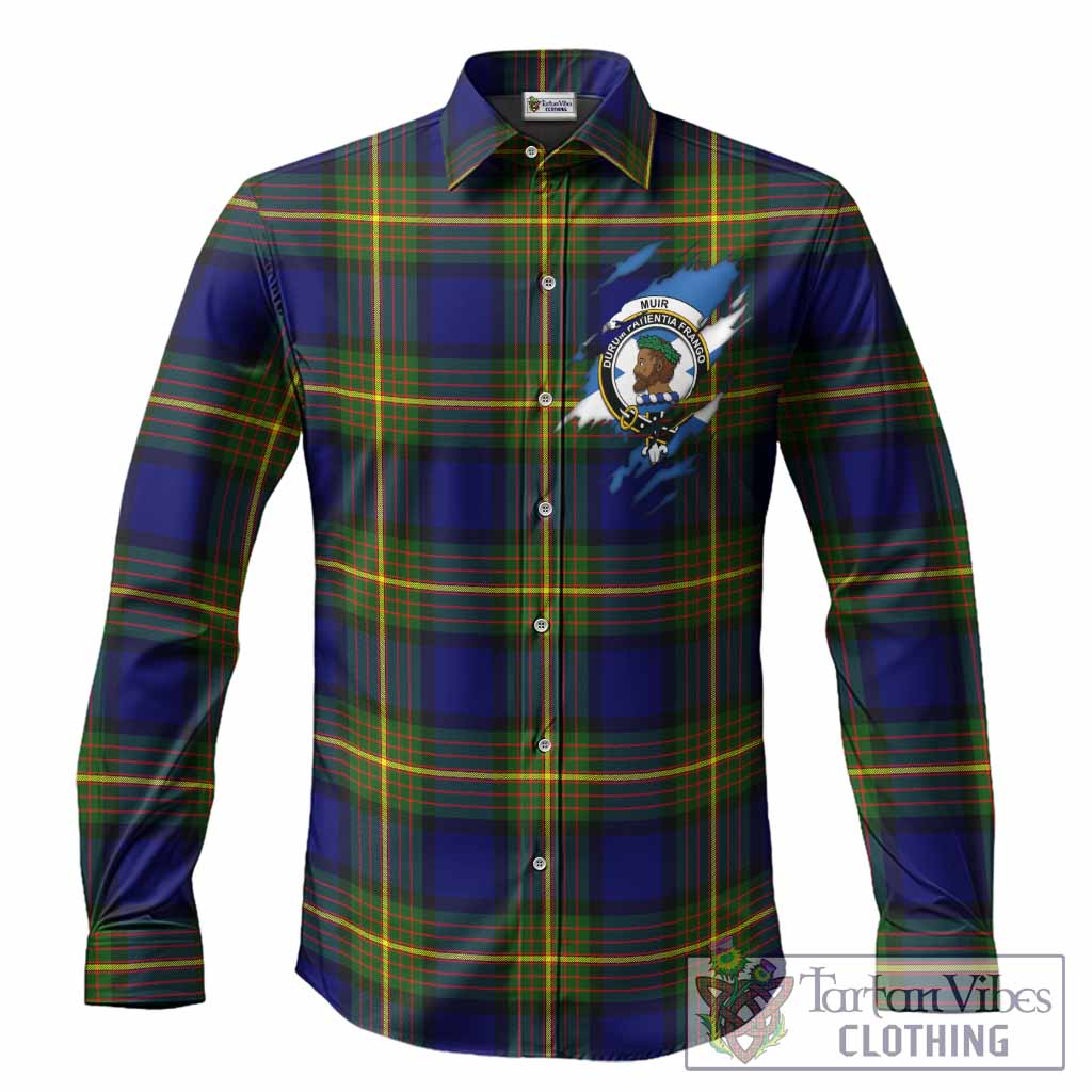 Muir Clan Crest In Me Tartan Long Sleeve Button Shirts Scotland Flag Style