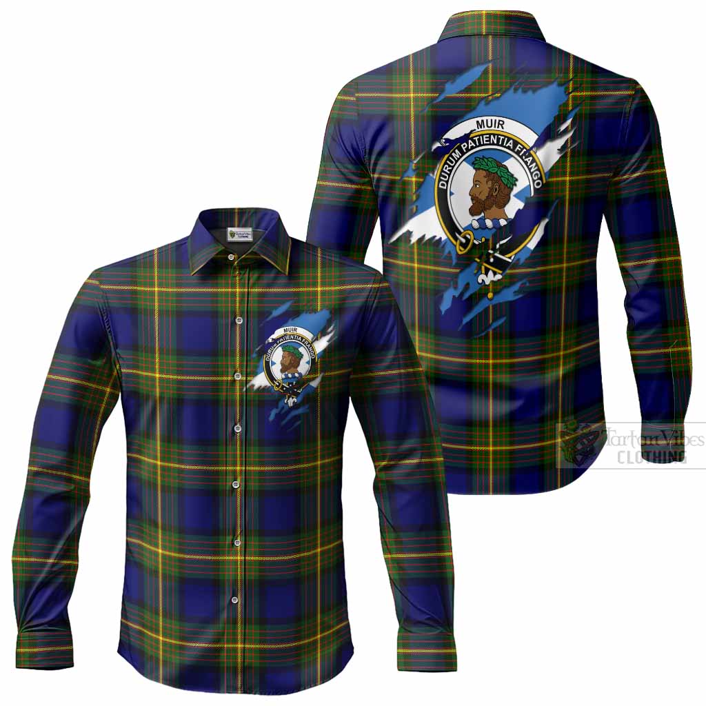 Muir Clan Crest In Me Tartan Long Sleeve Button Shirts Scotland Flag Style