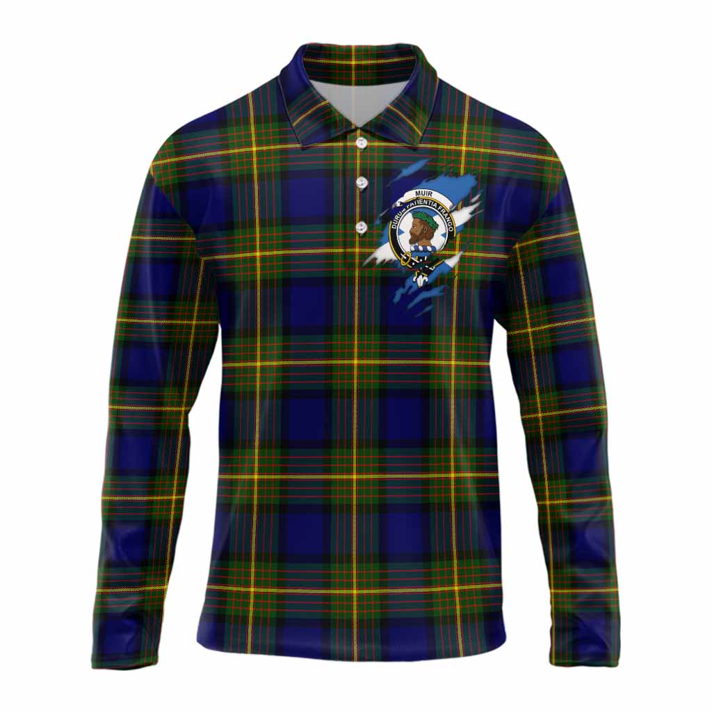 Muir Clan Crest In Me Tartan Long Sleeve Polo Shirt Scotland Flag Style