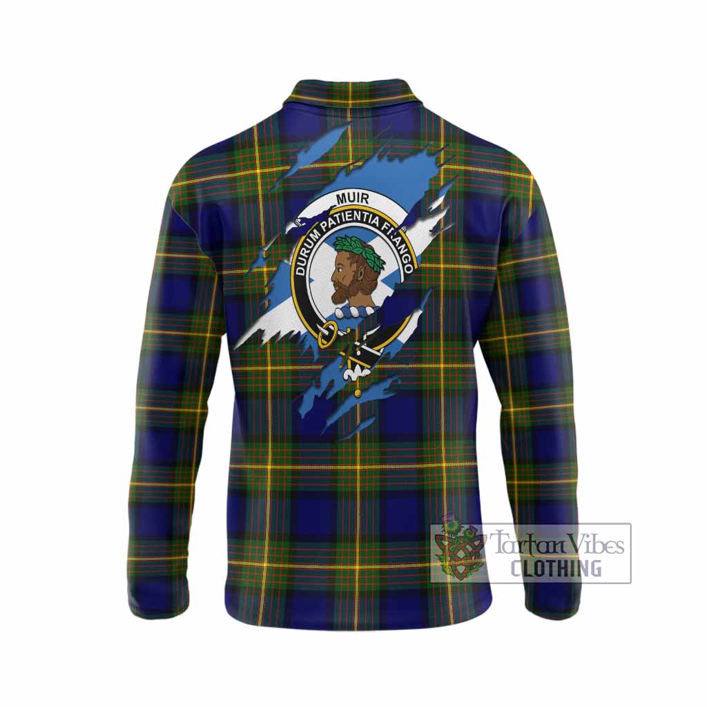 Muir Clan Crest In Me Tartan Long Sleeve Polo Shirt Scotland Flag Style