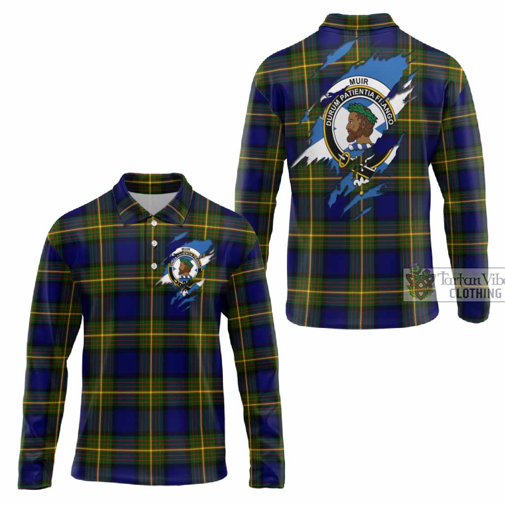 Muir Clan Crest In Me Tartan Long Sleeve Polo Shirt Scotland Flag Style