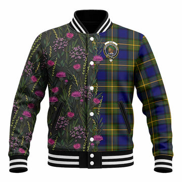 Muir Family Crest Tartan Baseball Jacket Scottish Thistle Flower Pattern Half Style