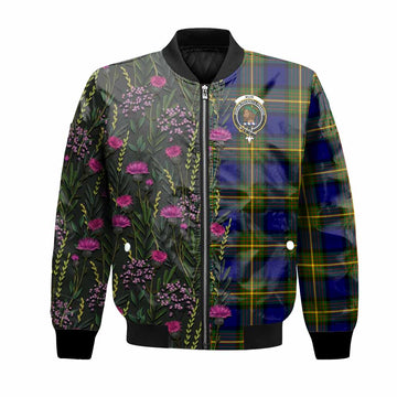 Muir Family Crest Tartan Bomber Jacket Scottish Thistle Flower Pattern Half Style