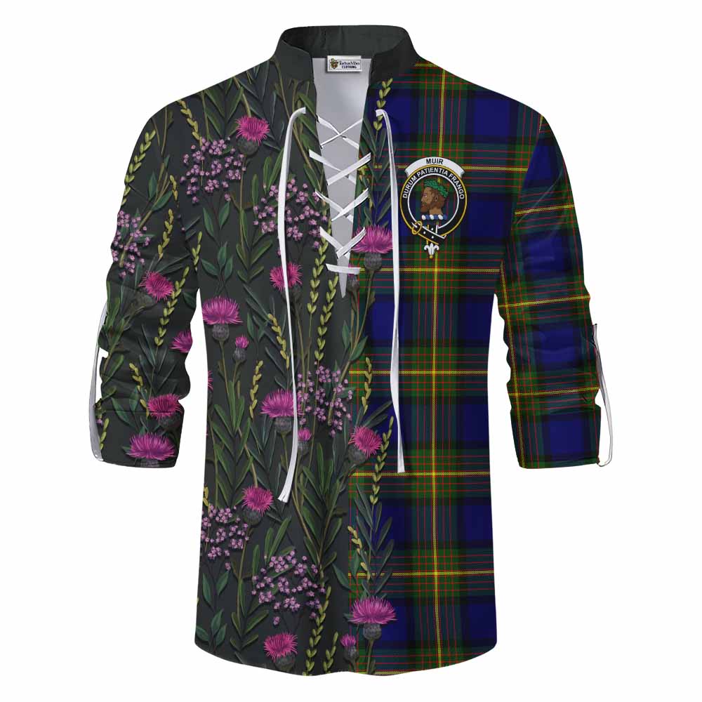 Muir Family Crest Tartan Ghillie Shirt Scottish Thistle Flower Pattern Half Style - Tartan Vibes Clothing