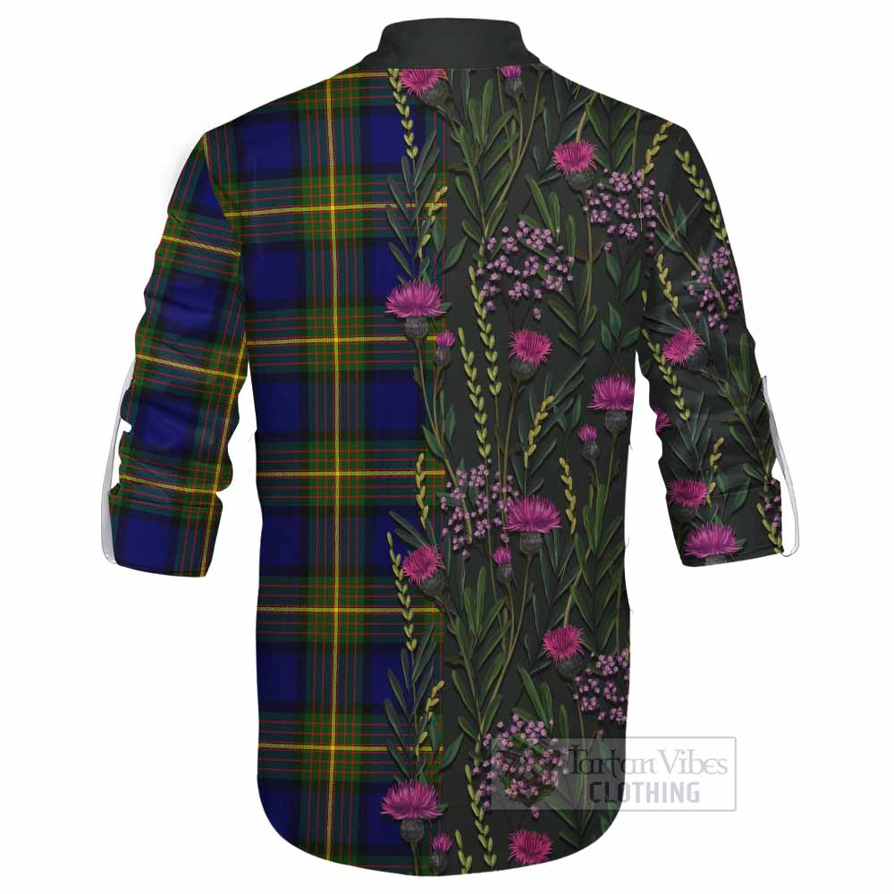Muir Family Crest Tartan Ghillie Shirt Scottish Thistle Flower Pattern Half Style - Tartan Vibes Clothing