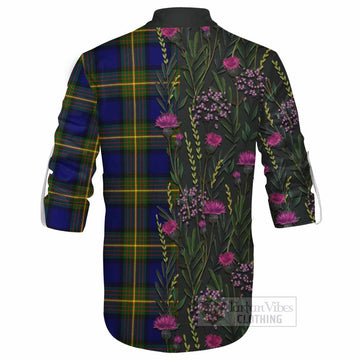Muir Family Crest Tartan Ghillie Shirt Scottish Thistle Flower Pattern Half Style