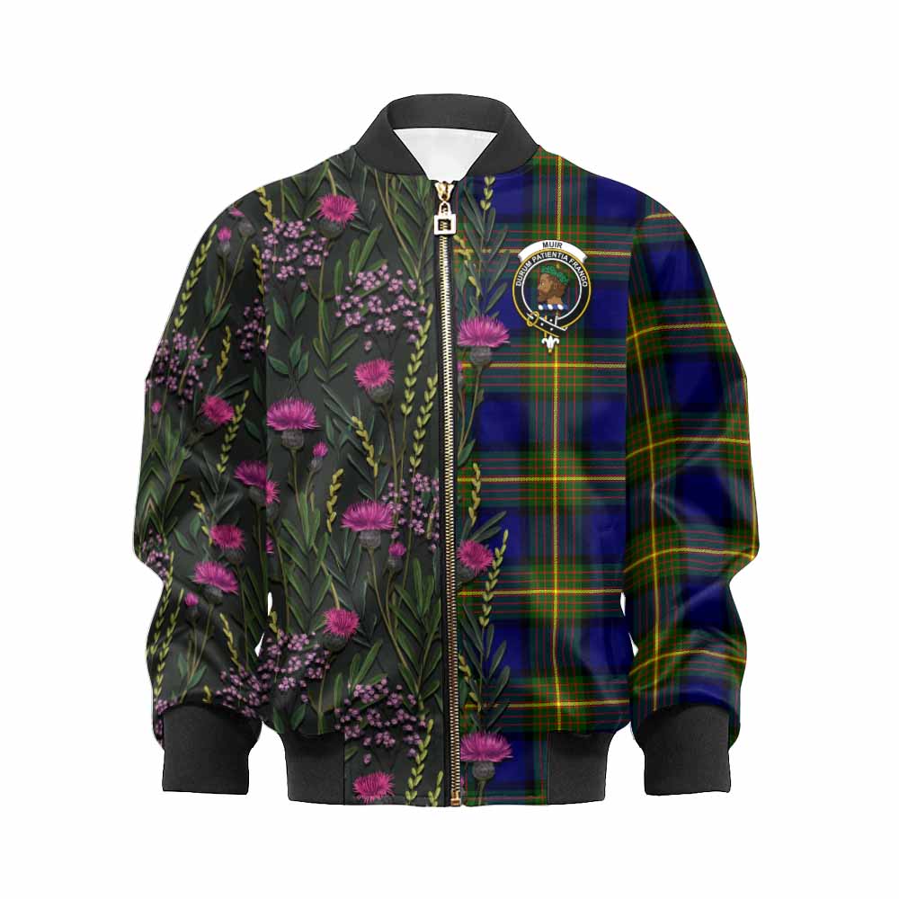 Muir Family Crest Tartan Kid Bomber Jacket Scottish Thistle Flower Pattern Half Style - Tartan Vibes Clothing