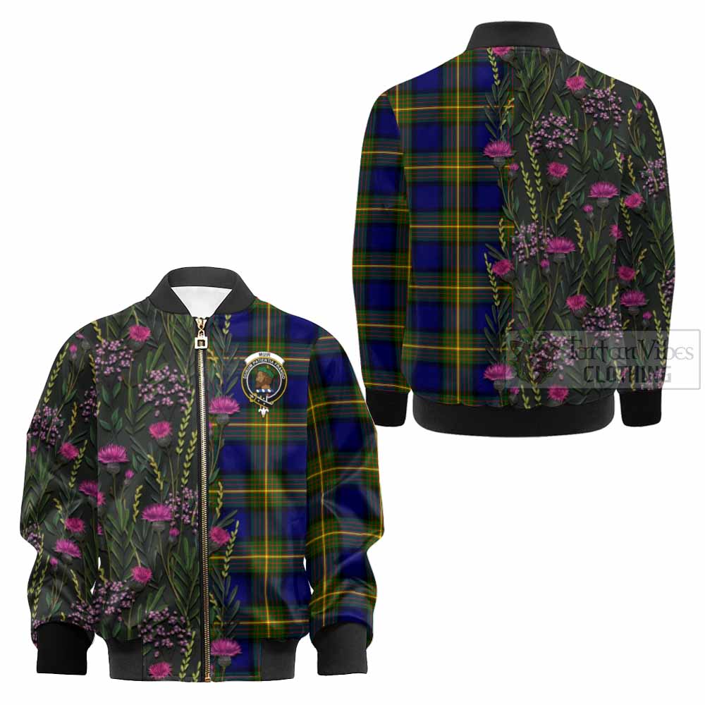 Muir Family Crest Tartan Kid Bomber Jacket Scottish Thistle Flower Pattern Half Style - Tartan Vibes Clothing