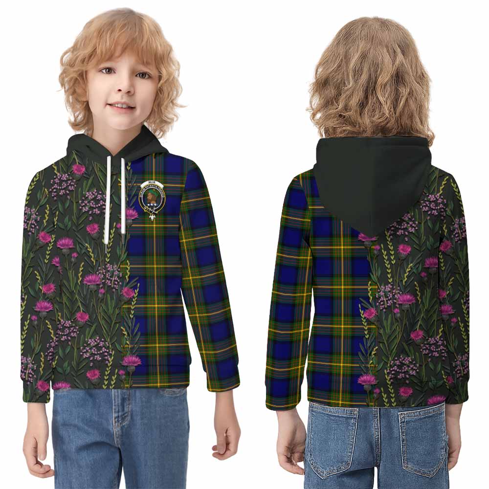 Muir Family Crest Tartan Kid Hoodie Scottish Thistle Flower Pattern Half Style - Tartan Vibes Clothing
