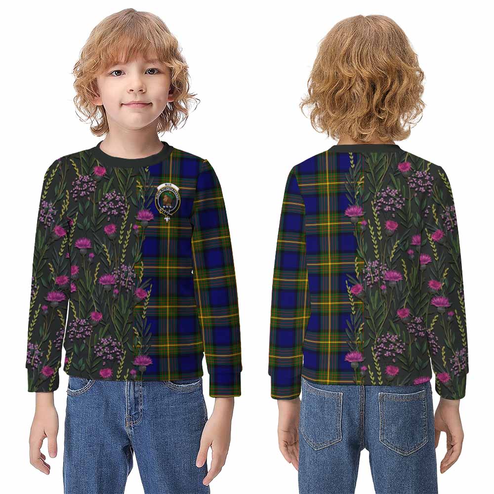 Muir Family Crest Tartan Kid Knitted Sweatshirt Scottish Thistle Flower Pattern Half Style - Tartan Vibes Clothing