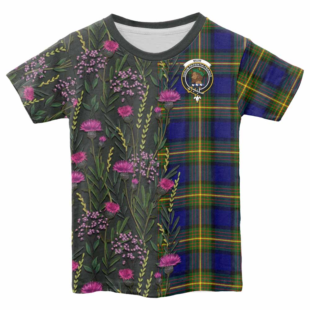 Muir Family Crest Tartan Kid T-shirt Scottish Thistle Flower Pattern Half Style - Tartan Vibes Clothing