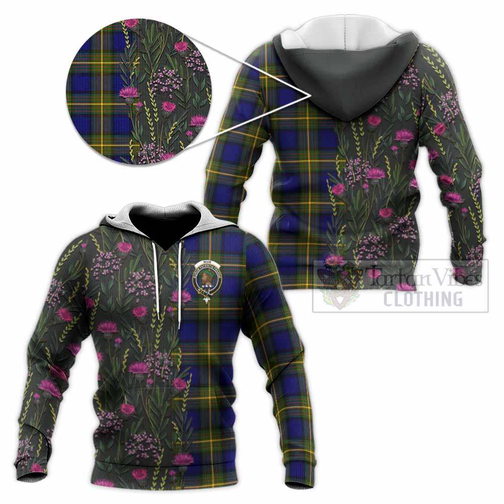 Muir Family Crest Tartan Knitted Hoodie Scottish Thistle Flower Pattern Half Style - Tartan Vibes Clothing
