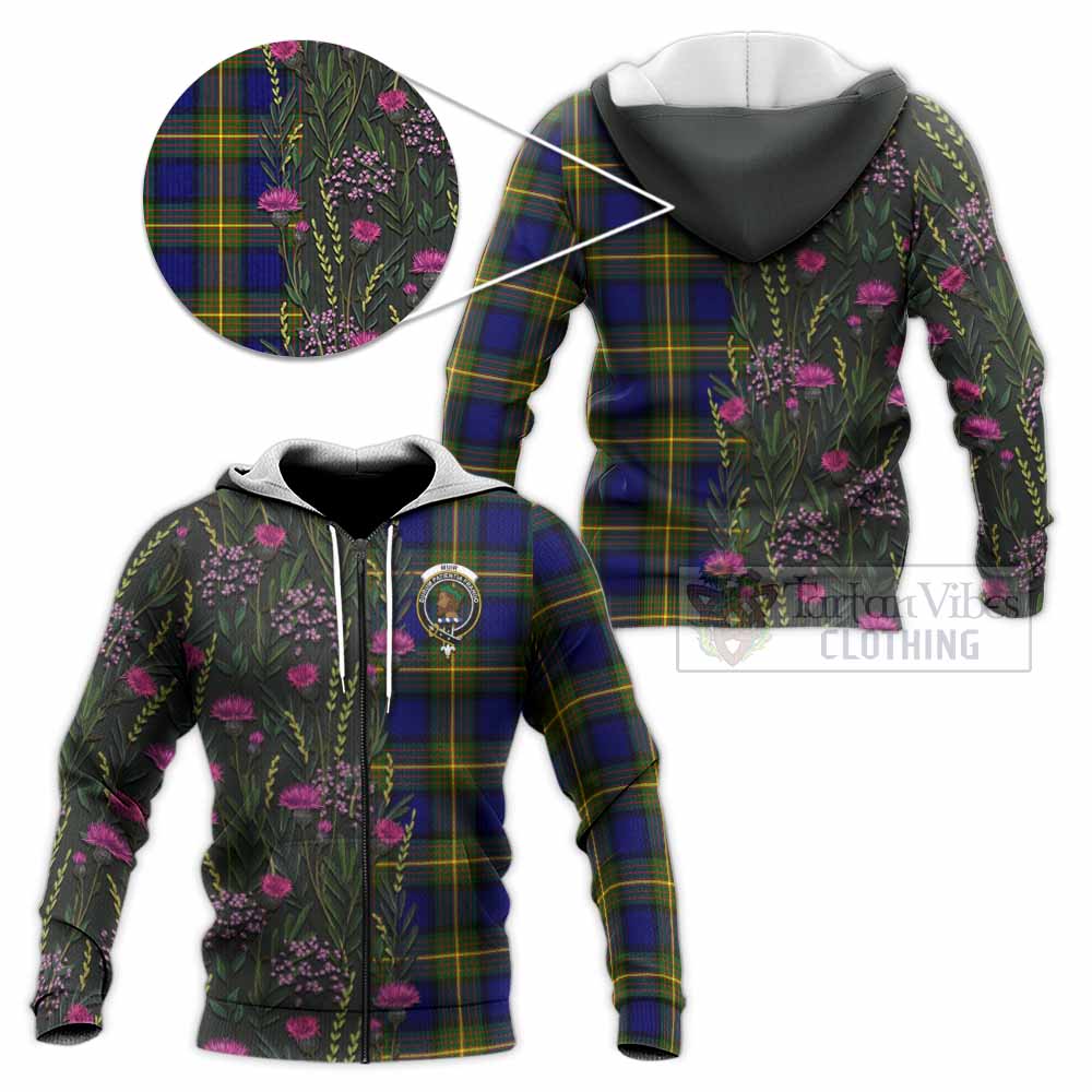 Muir Family Crest Tartan Knitted Hoodie Scottish Thistle Flower Pattern Half Style - Tartan Vibes Clothing