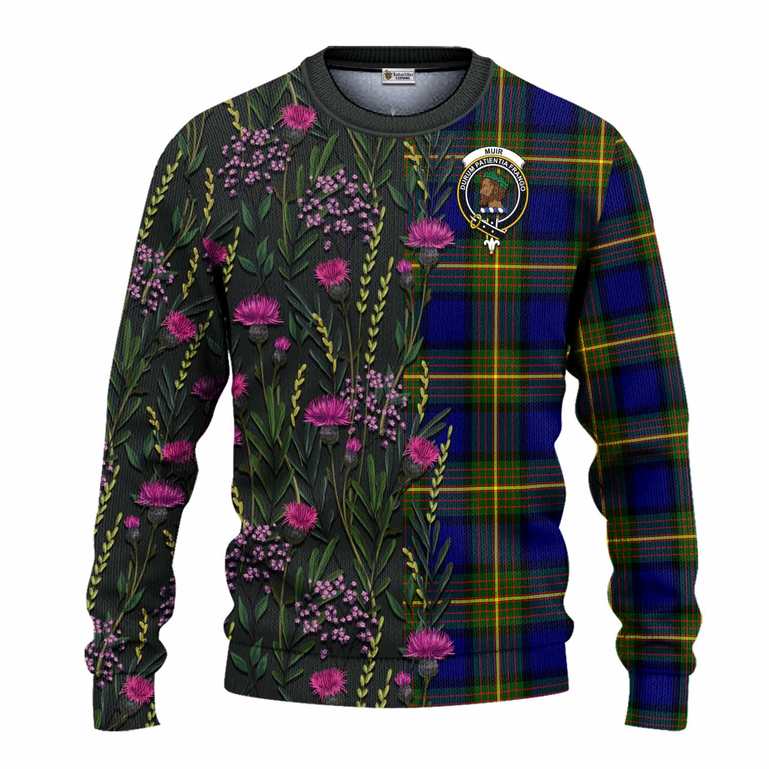 Muir Family Crest Tartan Knitted Sweater Scottish Thistle Flower Pattern Half Style - Tartan Vibes Clothing