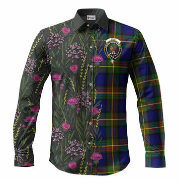 Muir Family Crest Tartan Long Sleeve Button Shirts Scottish Thistle Flower Pattern Half Style
