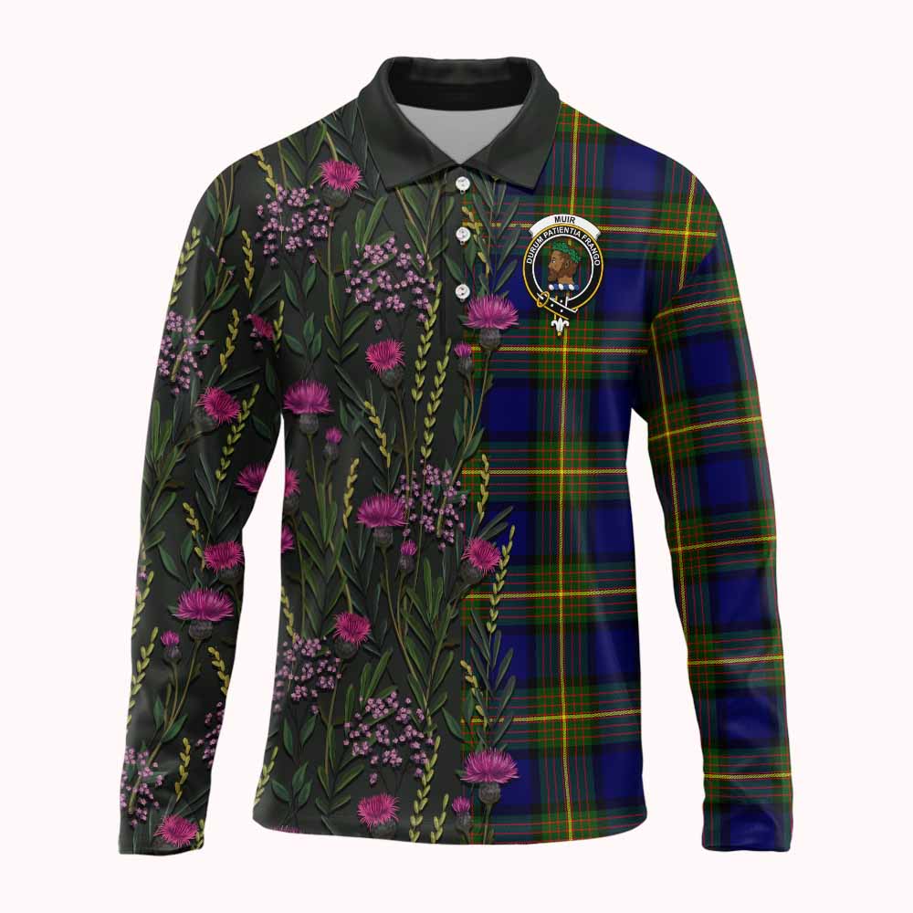 Muir Family Crest Tartan Long Sleeve Polo Shirt Scottish Thistle Flower Pattern Half Style - Tartan Vibes Clothing
