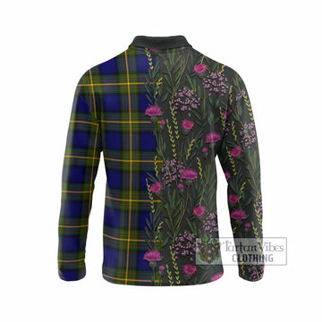 Muir Family Crest Tartan Long Sleeve Polo Shirt Scottish Thistle Flower Pattern Half Style