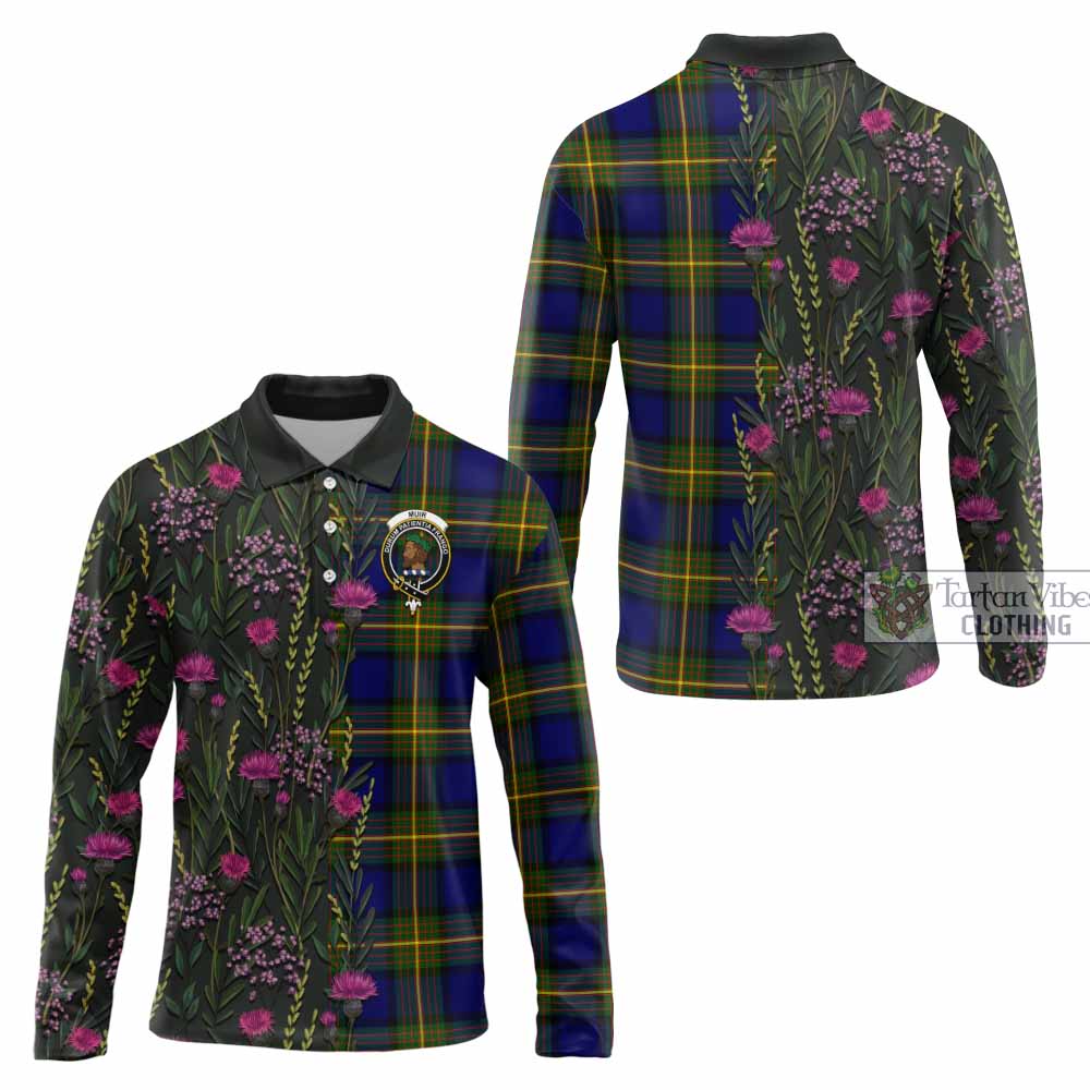 Muir Family Crest Tartan Long Sleeve Polo Shirt Scottish Thistle Flower Pattern Half Style - Tartan Vibes Clothing
