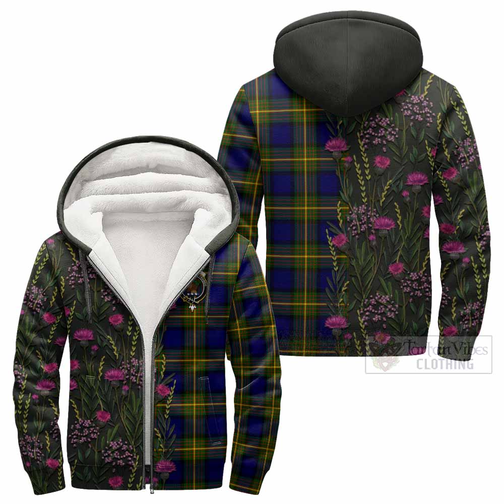 Muir Family Crest Tartan Sherpa Hoodie Scottish Thistle Flower Pattern Half Style - Tartan Vibes Clothing