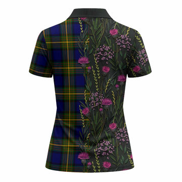 Muir Family Crest Tartan Women Polo Shirt Scottish Thistle Flower Pattern Half Style