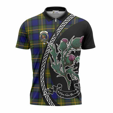 Muir Family Crest Tartan Zipper Polo Shirt Alba Thistle Inspired